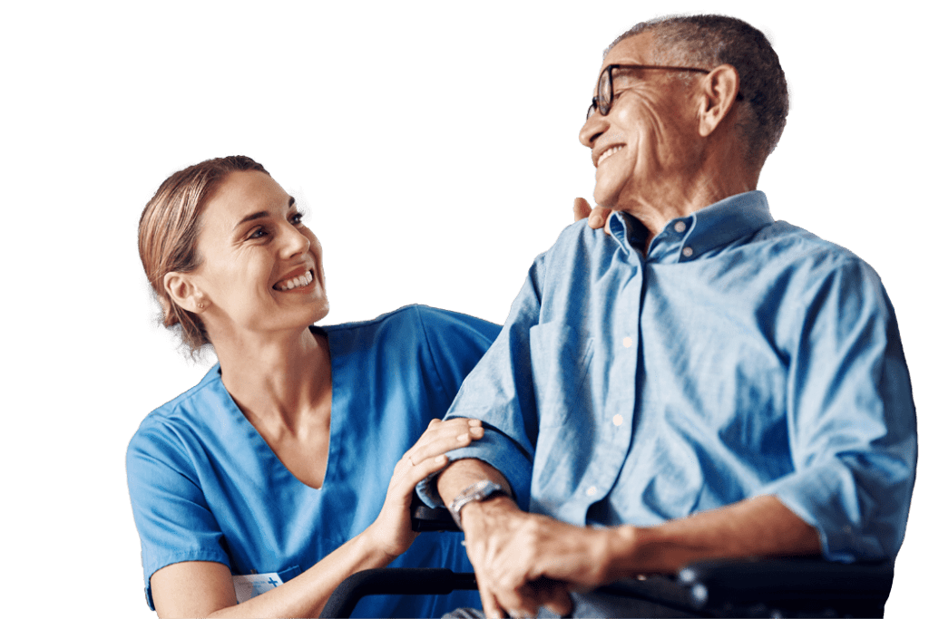 Healthcare professional and man with disability smiling at each other