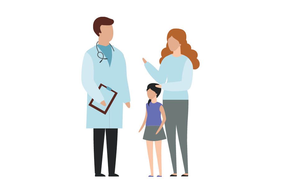 Illustration of woman talking to doctor with child by her side