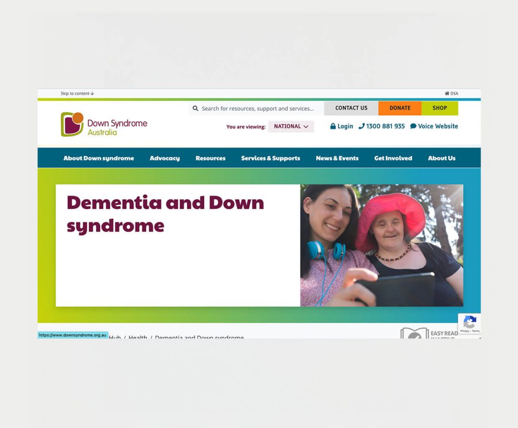 Dementia and Down syndrome website page